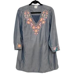 Parsley & Sage XL Chambray V-Neck Tunic Top Floral Heavy Embroidery Boho Chic